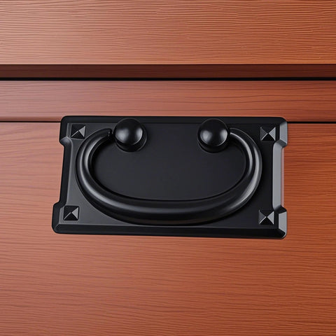 Two Pack Vintage Drawer Ring Pulls 3.78 Inch Black Zinc Alloy Cabinet Handles mounted on wooden drawer, smooth finish.