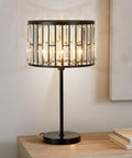 Sleek 21.6 Inch Black Industrial Bedside Lamp With Crystal K9 Shade on wooden desk, modern decor, ambient lighting.