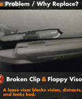 Broken clip causing floppy sun visor, a common issue in Subaru Forester Impreza Crosstrek vehicles, obstructs view and distracts