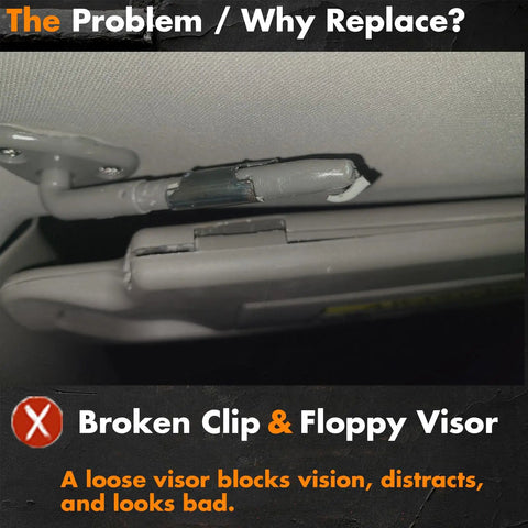 Broken clip causing floppy sun visor, a common issue in Subaru Forester Impreza Crosstrek vehicles, obstructs view and distracts
