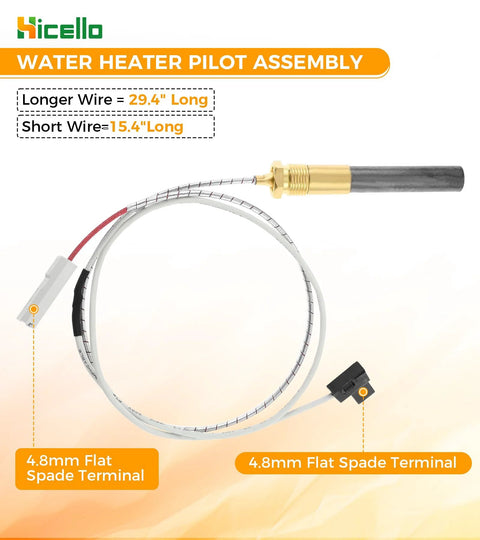 Gas minivolt water heater pilot assembly with brass thermopile fitting, 29.4 inch long wire, and 4.8mm flat spade terminals