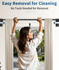 Person adjusting heavy duty blackout curtain rods for windows 48 to 90 inches with wraparound design and curved return