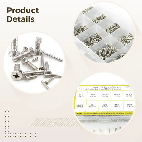 All In One Tool Kit With Storage Box And Clear Compartments Pro Grade Stainless Steel Phillips Pan Head Screws Assortment Machine Screws Hardware Fasteners Set For DIY Home Repair And Small Projects, showing screw details and compartment box