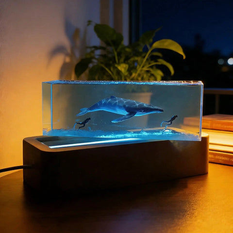 Ocean Scene Resin Night Light With Wood Base Usb Powered Lamp For Bedroom Decor Dope Blue Ambient Glow Sea Themed Gift For Scuba Divers And Marine Biology Fans Featuring A Humpback Whale Figurine displaying humpback whale and diver inside resin block.