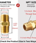 Brass 1/4 in NPT male hex nipple; two views show MNPT threads and hex flats.