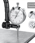 Dial Indicator 0 To 1 Inch With Magnetic Base And Flex Arm For Precise Alignment, Pro Grade 0.001 Inch Accuracy, shown on metal surface