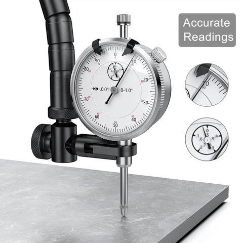Pro Grade Magnetic Base With 360 Degree Flexible Arm For Dial Indicators One Handed Operation For Easy Adjustments Secure Hold And Precise Measurements Adjustable Stand With Rotor Ball Joint For Digital And Dial Indicator Gauges Black attached to metal surface