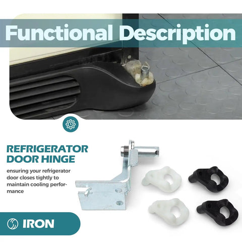 Adjustable Refrigerator Door Hinges Kit With Left And Right Hinges, Door Closers, And Bearings - Hassle-Free Repair Kit That Replaces Model 5303918 For Smooth, Secure Door Operation shown with iron hinges and components