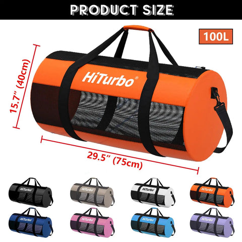100L Mesh Dive Duffel Bag For Scuba Gear And Water Sports in orange with dimensions 29.5x15.7 inches displayed alongside color options.