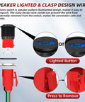 Speaker lighted 12V 20A Beefy 16mm Metal Horn Button Switch with Blue LED, showing wire clasp design and red components.