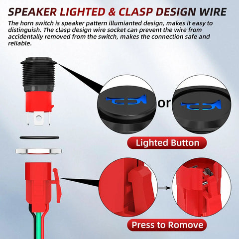 Speaker lighted 12V 20A Beefy 16mm Metal Horn Button Switch with Blue LED, showing wire clasp design and red components.