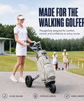 Lightweight Three Wheel Golf Push Cart With Quick Fold Frame Wide Eva Wheels For Slick Fairway Cruising, woman pushing cart on path.