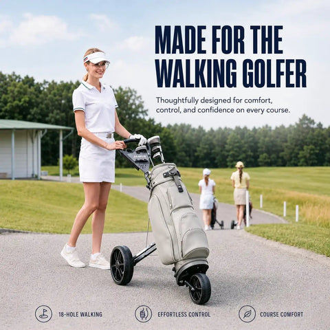 Lightweight Three Wheel Golf Push Cart With Quick Fold Frame Wide Eva Wheels For Slick Fairway Cruising, woman pushing cart on path.