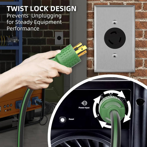 Heavy Duty 25 Foot L6-30 Generator Cord With 30 Amp 250V Rating And 7500W Capacity, L6-30P To L6-30R Twist Lock Power Cable, 10 Gauge SJTW For Welders And Brewing Gear In Tough Industrial Settings ETL Listed, green twist-lock plug in generator inlet