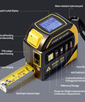 No Sweat 4 In 1 Laser Tape Measure With 328 Ft Rangefinder showing LCD display, yellow TPR housing and steel tape extendable feature.