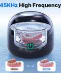 Ultrasonic Retainer Cleaner 45 KHz Deep Clean All In One Machine For Dentures Night Guards Braces Toothbrush Heads And Jewelry With 4 UV Lamps Odor Busting Dual Cleaning Modes Gloss Black Finish, black unit with clear tank and power button