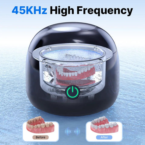 Ultrasonic Retainer Cleaner 45 KHz Deep Clean All In One Machine For Dentures Night Guards Braces Toothbrush Heads And Jewelry With 4 UV Lamps Odor Busting Dual Cleaning Modes Gloss Black Finish, black unit with clear tank and power button