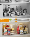 Before image of crowded cabinet and after image showing organized spices with 2 Pack Nine Point Two Five Inch Lazy Susan Turntables.