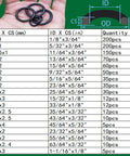 Universal Faucet Washer And O Ring Kit 1075Pcs With size chart and O-rings displayed on green background