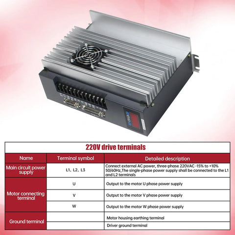 Image of 2.6KW 220V Servo Motor Kit driver unit with detailed terminal specifications chart for engravers and milling machines.