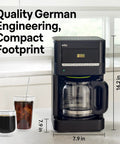 Quality Morning Coffee Made Easy With This Twelve Cup Programmable Drip Coffee Maker in black with compact footprint and clear glass carafe.