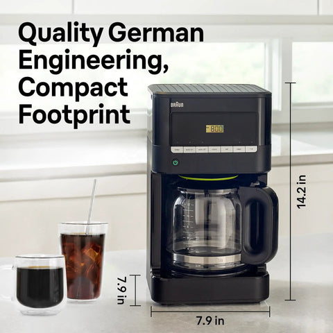 Quality Morning Coffee Made Easy With This Twelve Cup Programmable Drip Coffee Maker in black with compact footprint and clear glass carafe.