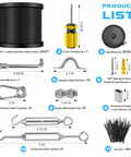 Product list: String Light Hanging Kit With 200 Ft Vinyl Coated 304 Stainless Steel Cable Guide Wire With turnbuckles and hooks.