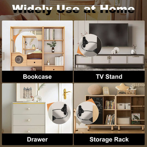10 Pack Furniture Anchors For Baby Proofing Anti Tip Wall Straps on bookcase, TV stand, drawer, and storage rack