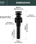 Diagram showing dimensions of Easy Install Matte Black Pop Up Sink Drain With Overflow Anti Clog For Bathroom Vanity Lavatory.