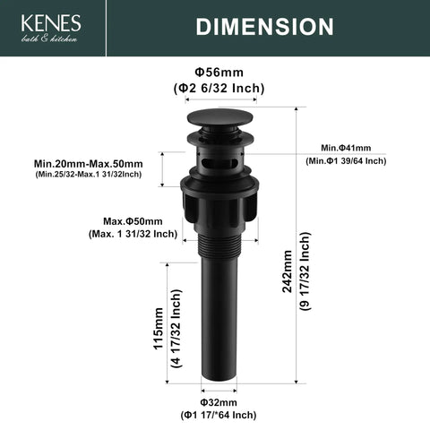 Diagram showing dimensions of Easy Install Matte Black Pop Up Sink Drain With Overflow Anti Clog For Bathroom Vanity Lavatory.