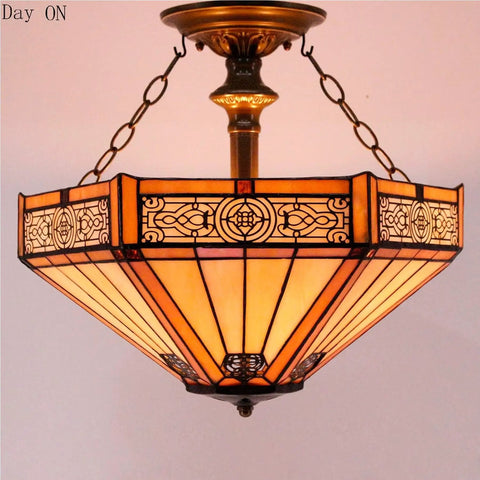 Tiffany Style Yellow Hexagon Stained Glass Ceiling Light Fixture That Pops, Mission Semi-Flush Mount Lamp, antique green bronze base