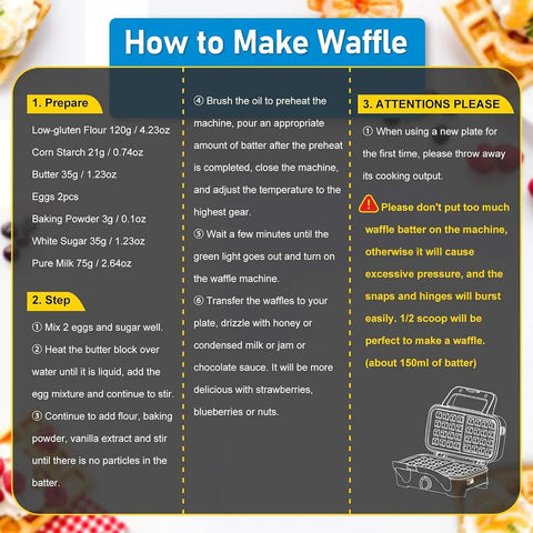 Instructions for using Three In One Waffle Maker With Removable Plates for Waffles, Sandwiches, and Pancakes, nonstick surface.