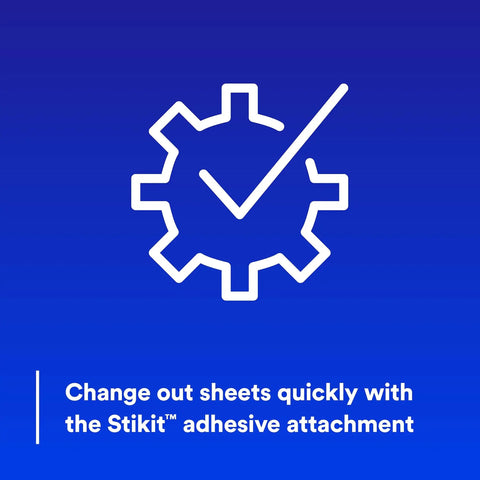 Icon with gear and check mark symbolizing Stikit adhesive attachment for fast sheet change on Stikit Blue Abrasive Sheet Roll 180 Plus Grade.