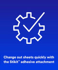 Graphic with gear icon and checkmark promoting easy sheet change for Stikit Blue Abrasive Sheet Roll 320 Grade No Hole 2 3 4 In X 45 Yd