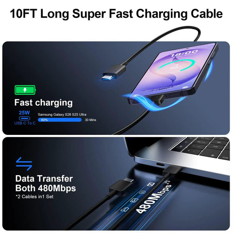 Small But Mighty 25W USB C Wall Charger Fast Charge Kit With 10ft Type C Cable Two Pack showing fast charging and data transfer
