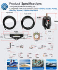 Product specifications for Beefed-Up 150HP Hydraulic Outboard Steering Kit for Single-Engine Boats, includes hoses and helm pump.