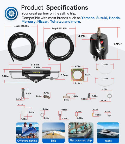 Product specifications for Beefed-Up 150HP Hydraulic Outboard Steering Kit for Single-Engine Boats, includes hoses and helm pump.