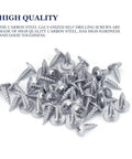 100 Pack Number 8 X 1/2 Phillips Truss Head Screws Built Tough Galvanized Carbon Steel rust-proof fasteners in a pile.