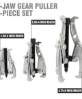 Three Jaw Gear Puller Tool Set With Reversible Jaws For Bearing And Pulley Removal, showing 3, 4, 6 inch sizes