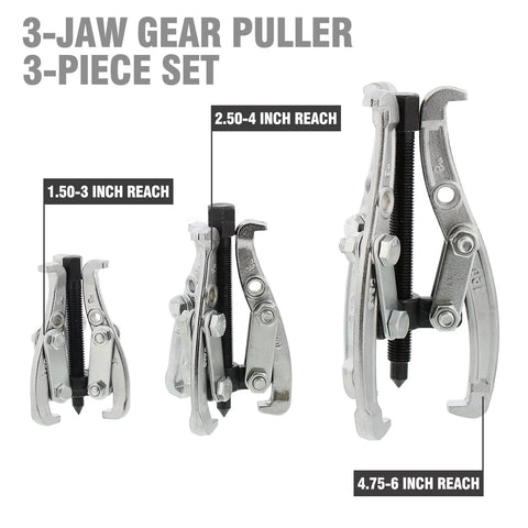 Three Jaw Gear Puller Tool Set With Reversible Jaws For Bearing And Pulley Removal, showing 3, 4, 6 inch sizes