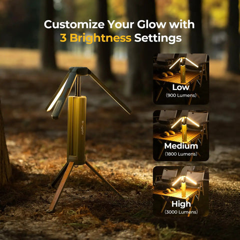Upgraded Telescopic Camping Light With 15600mAh Battery showing 3 brightness levels outdoors