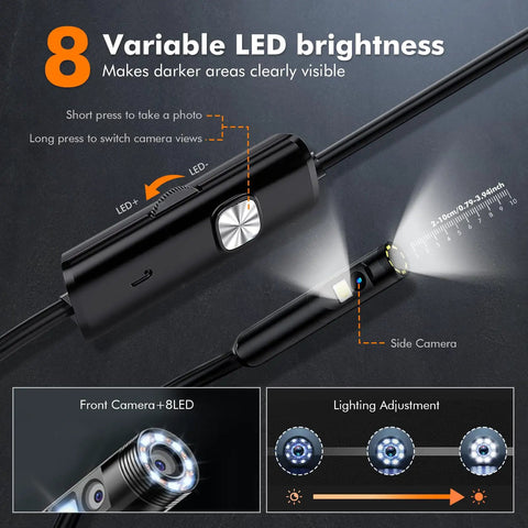 Dual Lens Borescope Endoscope Camera With Light 1920P HD Inspection Tool With Eight Plus One LED Lights IP67 Waterproof For Android iPhone iPad Handy Go To Workhorse For Car Maintenance And Home Repairs, black dual-camera probe with LED brightness control