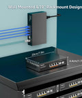 Unmanaged Six Port 2.5G PoE Network Switch wall mounted with cables, metal fanless case, desktop or wall mount shown.