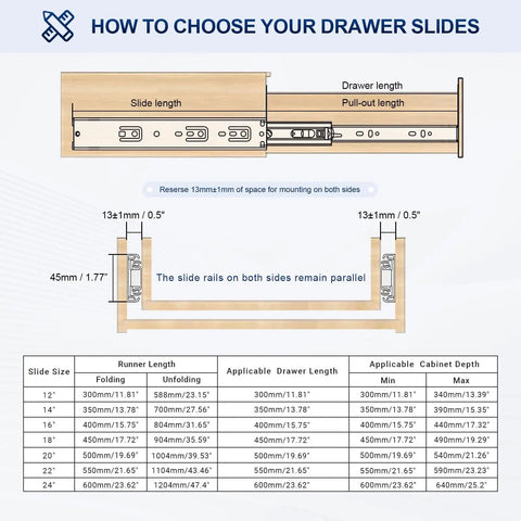 Diagram showing dimensions and specifications for installing pair of 24 inch soft close drawer slides with ball bearing full extension.