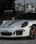 Front view of a white sports car with Universal Car Body Panel Push Button Quick Release Fasteners Kit in Blue for hood installation.