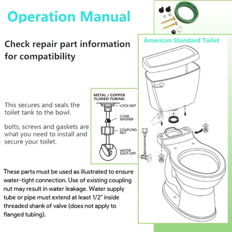 Operation manual showing 3 Inch Toilet Tank to Bowl Coupling Kit Fits Most Toilets With 3 Inch Flush Valve Openings parts and diagram.