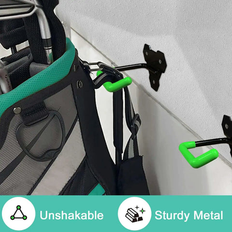 Wall Mounted Golf Bag Rack For Two Bags Space Saving Garage Organizer With Heavy Duty Welded Joints And Locking Bracket in use