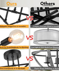 Comparison of Six Light Modern Chandelier In Black vs others, highlighting minimalist design, no shade, brighter light, sturdy metal.