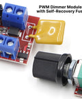 PWM DC Motor Speed Controller 5A Dimmer For 3V To 35V DC Motors And Fans With Adjustable Duty Cycle From One Percent To One Hundred Percent, 10KHz PWM, LED Indicator, DIY Friendly Pack Of 2 close-up with self-recovery fuse