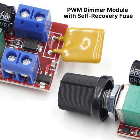 PWM DC Motor Speed Controller 5A Dimmer For 3V To 35V DC Motors And Fans With Adjustable Duty Cycle From One Percent To One Hundred Percent, 10KHz PWM, LED Indicator, DIY Friendly Pack Of 2 close-up with self-recovery fuse